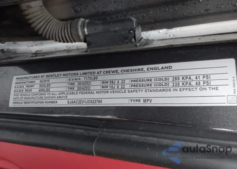 2018 Bentley Bentayga Activity Edition/Black Edition/Mulliner/Onyx Edition/W12 из США, поврежденный, VIN SJAAC2ZV1JC022760